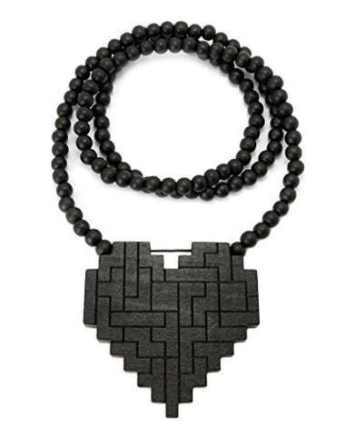 Puzzle Heart Wood Pendant 36" Wooden Bead Chain Necklace in Black-Tone WX81BK