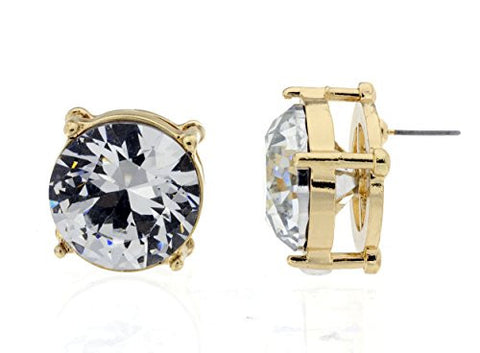 Big 20mm Round-Cut Faceted Rhinestone Stud Earrings in Clear/Gold-Tone