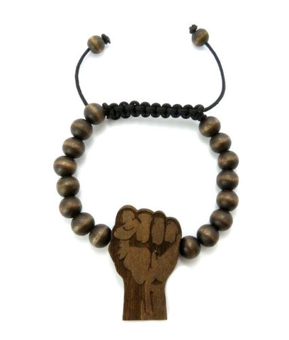 Raised Fist Wood Pendant Wooden Bead Chain Bracelet in Brown-Tone WB31BRN