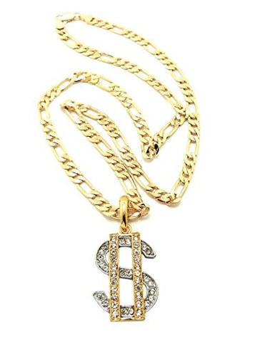 Iced Out Dollar Sign Necklace with 5mm 24" Figaro Chain - Two-Tone