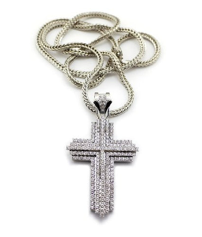 Iced Out Silver Tone Layered Cross Pendant Necklace w/ 36" Franco Chain