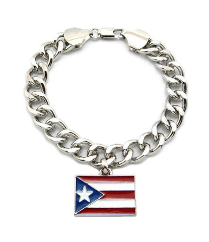 Puerto Rico Pendant 10mm 7" Link Chain Bracelet in Silver-Tone