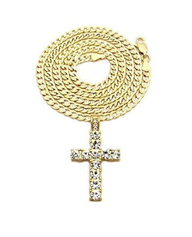 Iced Out Single Row Cross Pendant 4mm 24" Concave Diamond Cut Cuban Chain Necklace in Gold-Tone