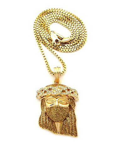 Pave Mask Jesus Pendant 2mm 24" Box Chain Necklace in Gold-Tone