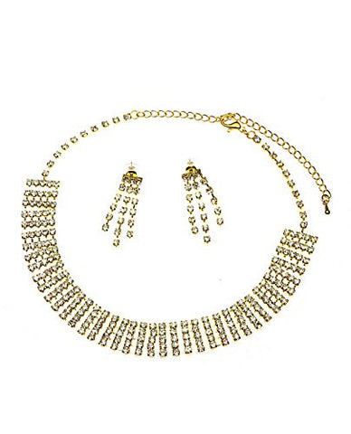 5 Row Rhinestone Link Chain Extendable Choker Necklace & Earring Jewelry Set