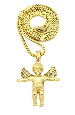 Baby Angel Cherub Flying Wing Pendant w/ Box Chain Necklace