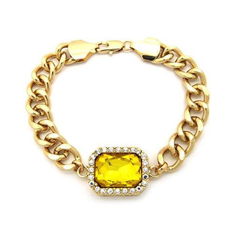 Pave Yellow Stone Pendant 10mm 8.5" Link Bracelet in Gold-Tone
