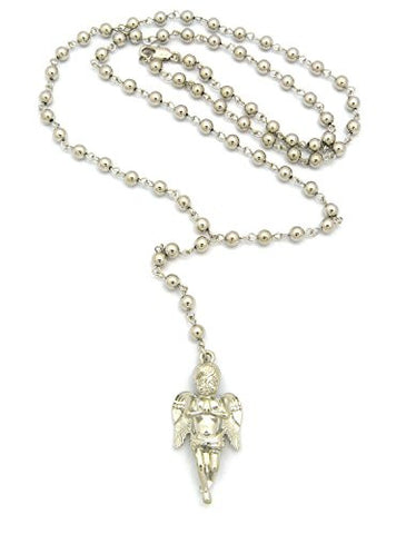 Praying Angel Pendant 35" CCB Beads Rosary Necklace - Silver-Tone RC414R