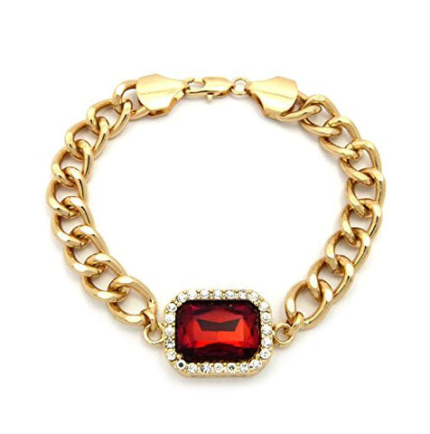 Pave Faux Ruby Stone Pendant 10mm 8.75" Link Bracelet in Gold-Tone