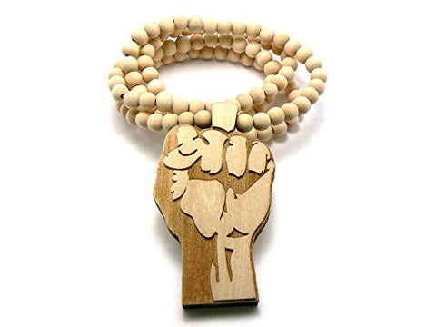 Raising Fist Wood Pendant 8mm 36" Wooden Bead Chain Necklace in Natural-Tone