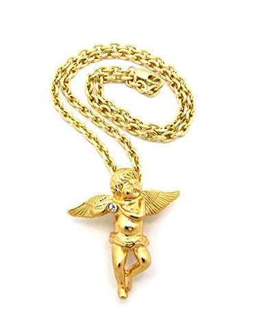 Solitaire Angel Pendant 4mm 18" Link Chain Necklace for Women - Gold-Tone