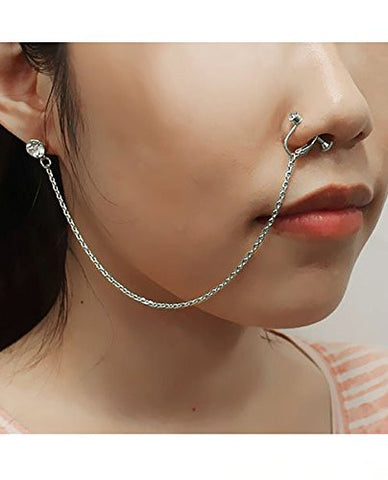 Pierced Stud Earring To Clip On Nose Hoop Ring w/ Single Strand Chain in Silver-Tone