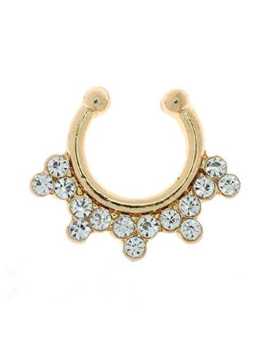 Stone Stud Crown Shape Non-Pierced Septum Hanger Nose Hoop Ring in Gold-Tone