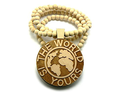 The World is Yours Globe Flat Wood Medal Pendant 8mm 36" Wooden Bead Chain Necklace in Natural-Tone