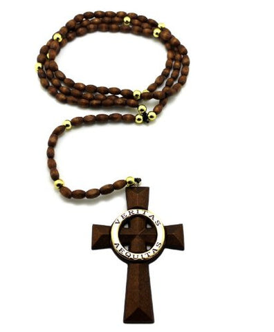 Wooden Veritas Aequitas Cross Pendant w/ Rosary Necklace
