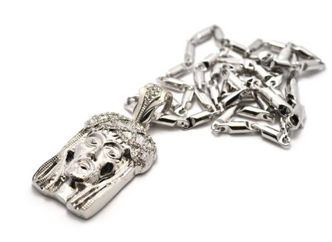 Small Crown of Thorns Jesus Pave Pendant with 24" Bullet Chain Necklace - Silver-Tone MZ2R