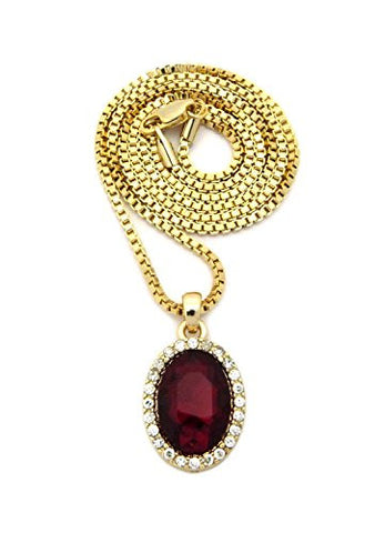 Pave Oval Faux Ruby Stone Pendant w/ 2mm 24" Box Chain Necklace in Gold-Tone