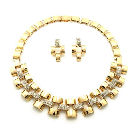 Unique Interlocking Rhinestone Accent Chain Necklace and Earrings Jewelry Set in Gold-Tone
