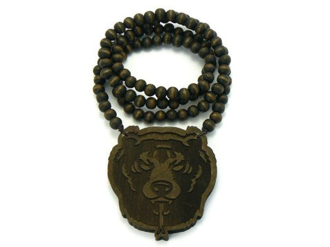 Bear Head Wood Pendant 36" Wooden Bead Chain Necklace