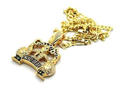 Iced Out Greedy Boy Money Or Die Micro Pendant 5mm 24 Figaro Chain Ne NYFASHION101