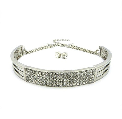 Women's Fashion Rhinestone Choker Necklace and Stud Earrings Set in Silver-Tone