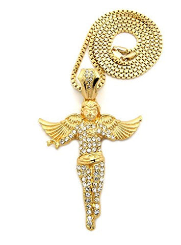 Iced Out Angel Pendant Necklace with 3mm 30" Box Chain - Gold-Tone