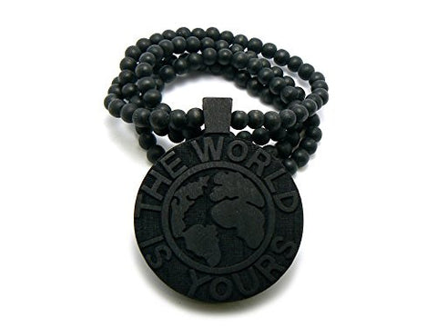 The World is Yours Globe Flat Wood Medal Pendant 8mm 36" Wooden Bead Chain Necklace in Black