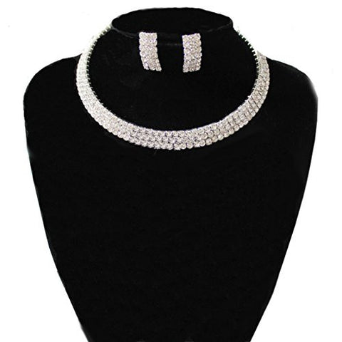 Clear 3 Row Elastic Flexing Rhinestone Choker Necklace and Earrings Jewelry Set