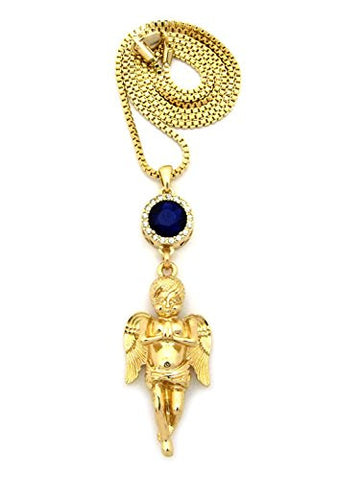 Round Faux Sapphire Stone & Solid Praying Angel Pendant 2mm 30" Box Chain Necklace in Gold-Tone