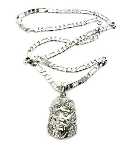 Jesus Face Pendant w/ 5mm 24" Figaro Chain in Silver Tone MSP102R