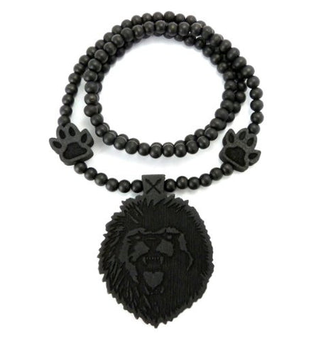 Roaring Wolf Wood Pendant with Side Pieces 36" Wooden Bead Chain Necklace - Black WJ171BK