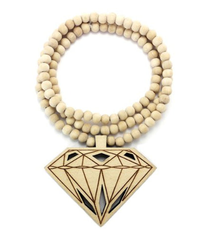 Wood Diamond Pendant 36" Wooden Bead Chain Necklace in Natural-Tone WJ164NL