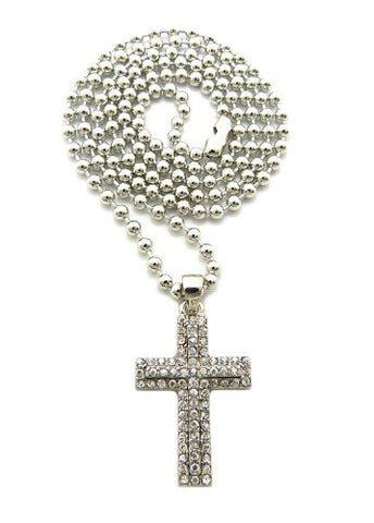 Stacked Rhinestone Cross Micro Pendant 3mm 27" Ball Chain Necklace in Silver-Tone