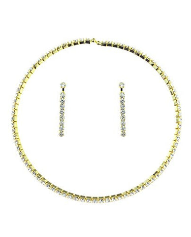 Clear 1 Row Elastic Flexing Rhinestone Choker Necklace and Earrings Jewelry Set