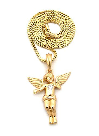 Solitaire Heart Angel Pendant 2mm 24" Box Chain Necklace in Gold-Tone