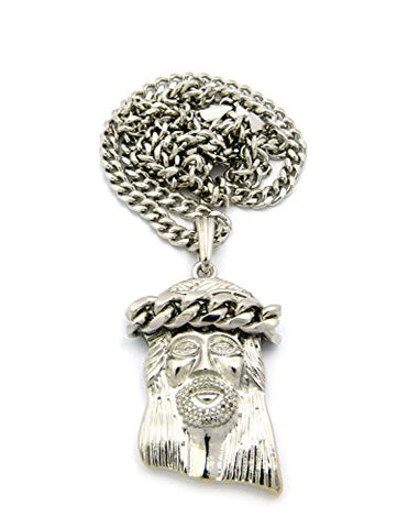 Plain Crowned Jesus Pendant with 4mm 24" Cuban Link Chain Necklace in Silver-Tone RC562R
