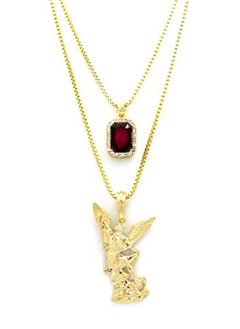 Pave Faux Ruby Stone & Archangel Pendant Set 2mm 24" & 30" Box Chain Necklaces in Gold-Tone
