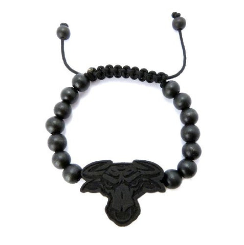 Bull Head Wooden Pendant Wood Bead Chain Bracelet in Black-Tone WB21BK