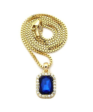 Pave Faux Sapphire Stone Pendant w/ 2mm 24" Box Chain Necklace in Gold-Tone