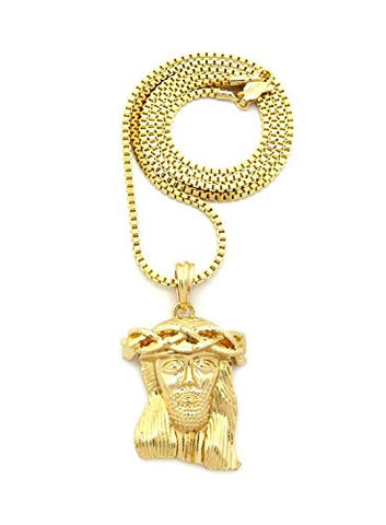 Polished Micro Jesus Head Pendant w/ 2mm 24" Box Chain Necklace in Gold-Tone