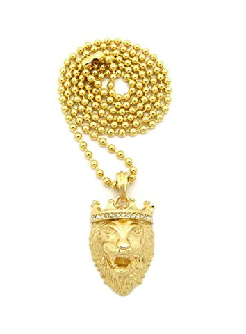 Stone Stud Crown King Lion Head Pendant w/ 3mm 27" Ball Chain Necklace in Gold-Tone