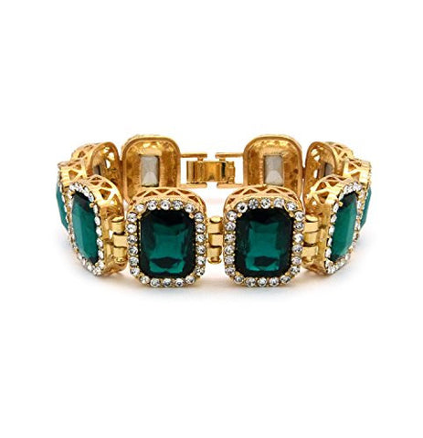 Rhinestone Studded Faux Emerald Stone Pendant Hip Hop Fashion Bracelet in Gold-Tone