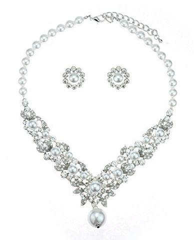 Clear Stone Pave Floral Pearl Necklace and Earrings Jewelry Set
