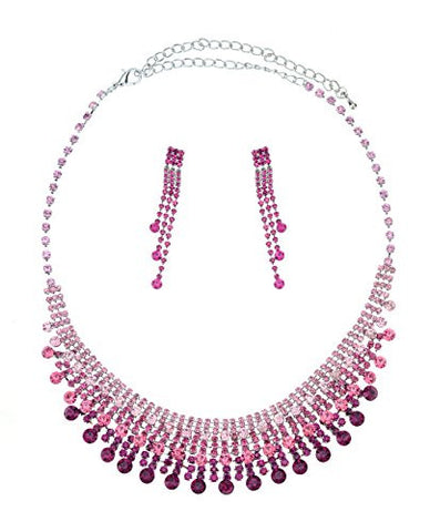 Stone Bead Accent Rhinestone Pave Necklace and Earrings Jewelry Set in Pink Shades/Silver-Tone