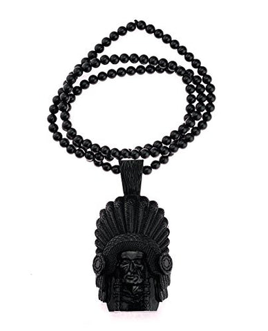 Black American Indian Chief Head Pendant 6mm 36" Bead Chain Necklace