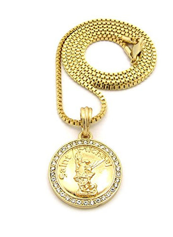 Stone Stud Saint Michael Archangel Medal Pendant 2mm 24" Box Chain Necklace in Gold-Tone