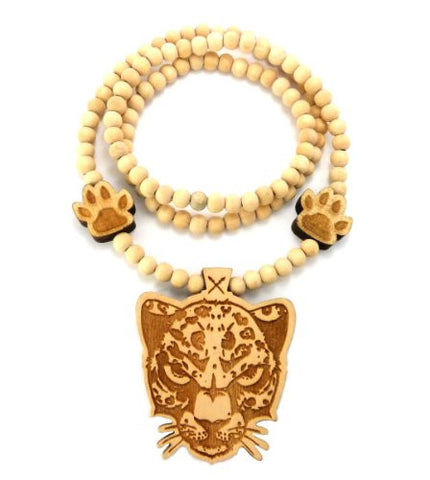 Leopard Wood Pendant 36" Wooden Bead Chain Necklace in Natural-Tone WJ175NL