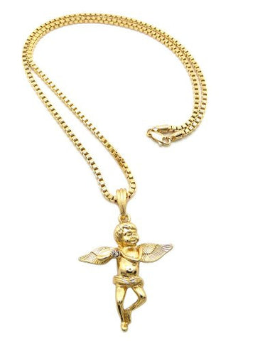 Gold Tone Fluit Playing Angel Cherub Micro Pendant 3mm 24" Box Chain SP3GBX