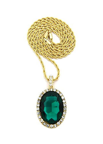 Hip Hop Micro Oval Faux Emerald Stone Pendant 2mm 24" Rope Chain Necklace in Gold-Tone