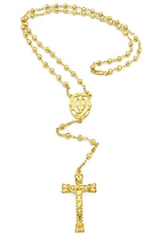 Oval St. Mary and Crucifix Jesus Pendant 36" Rosary Bead Necklace - Gold-Tone